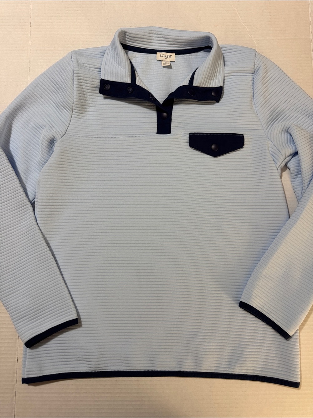 J. Crew Light Blue Quilted Snap Front Pullover with Navy Trim 197